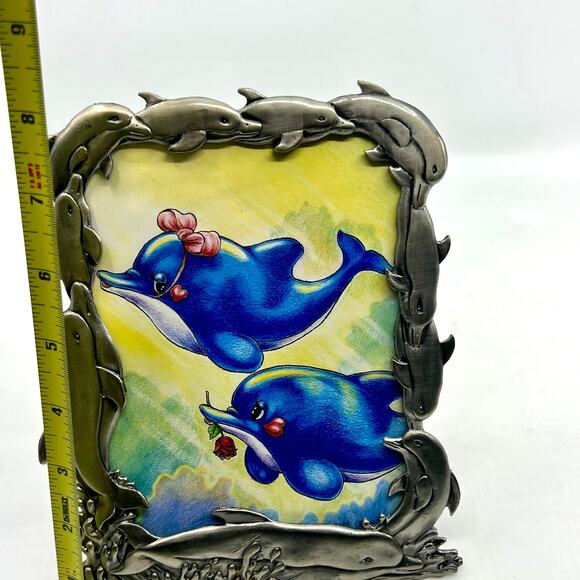 Vtg. Raj 2000 Picture Frame Metal Pewter Ocean Life~ Dolphins~Whales 8” - Picture 8 of 9